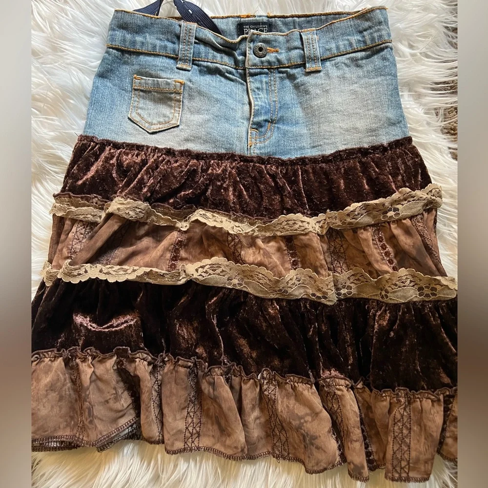 The Childrens Place Stretch Girls Skirt Denim Blue Jean Velvet Lace Boho